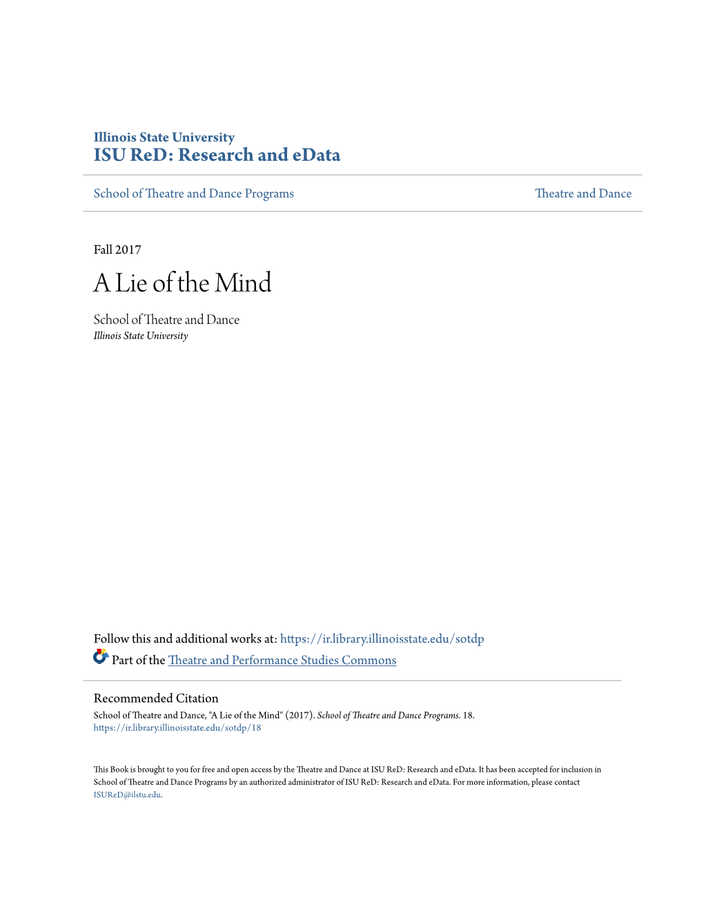 A Lie of the Mind School of Theatre and Dance Illinois State University