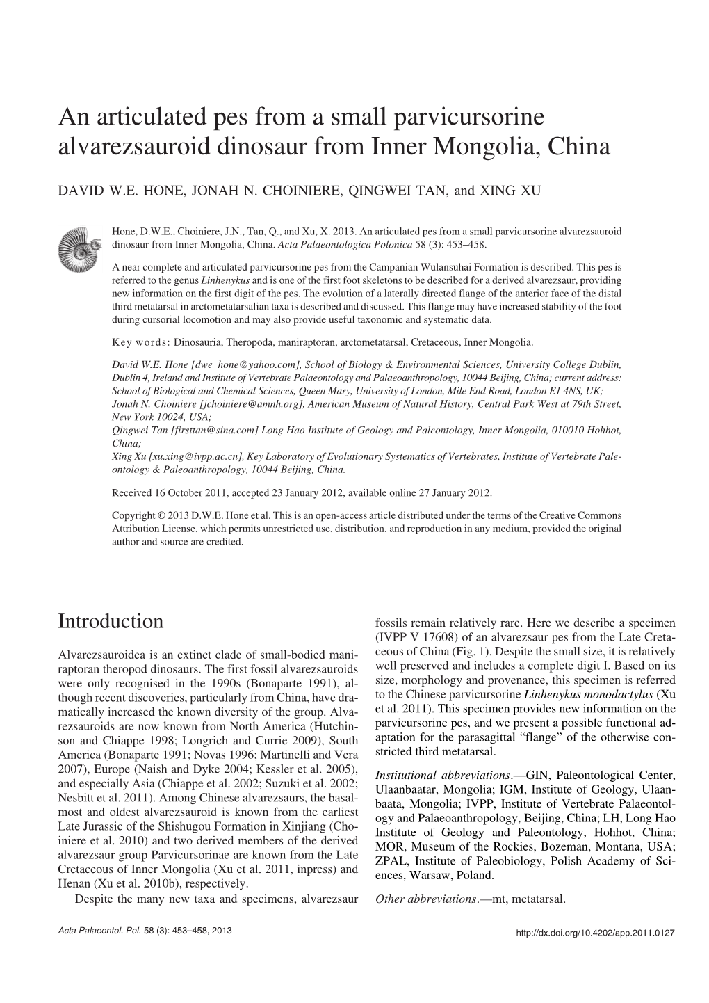 An Articulated Pes from a Small Parvicursorine Alvarezsauroid Dinosaur from Inner Mongolia, China