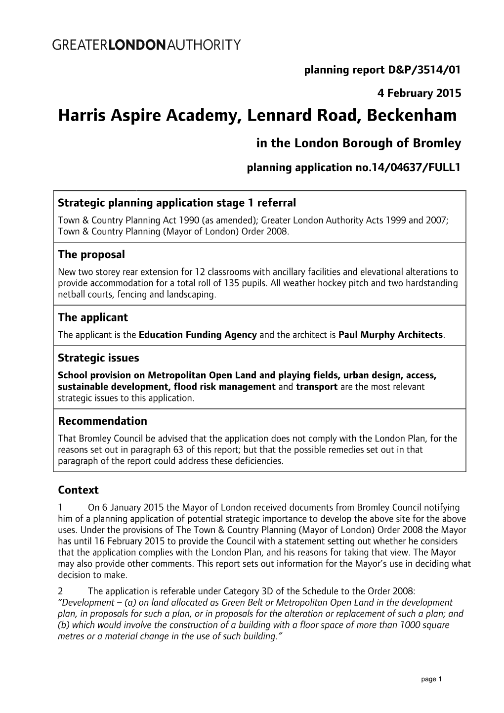 Harris Aspire Academy, Lennard Road, Beckenham in the London Borough of Bromley Planning Application No.14/04637/FULL1