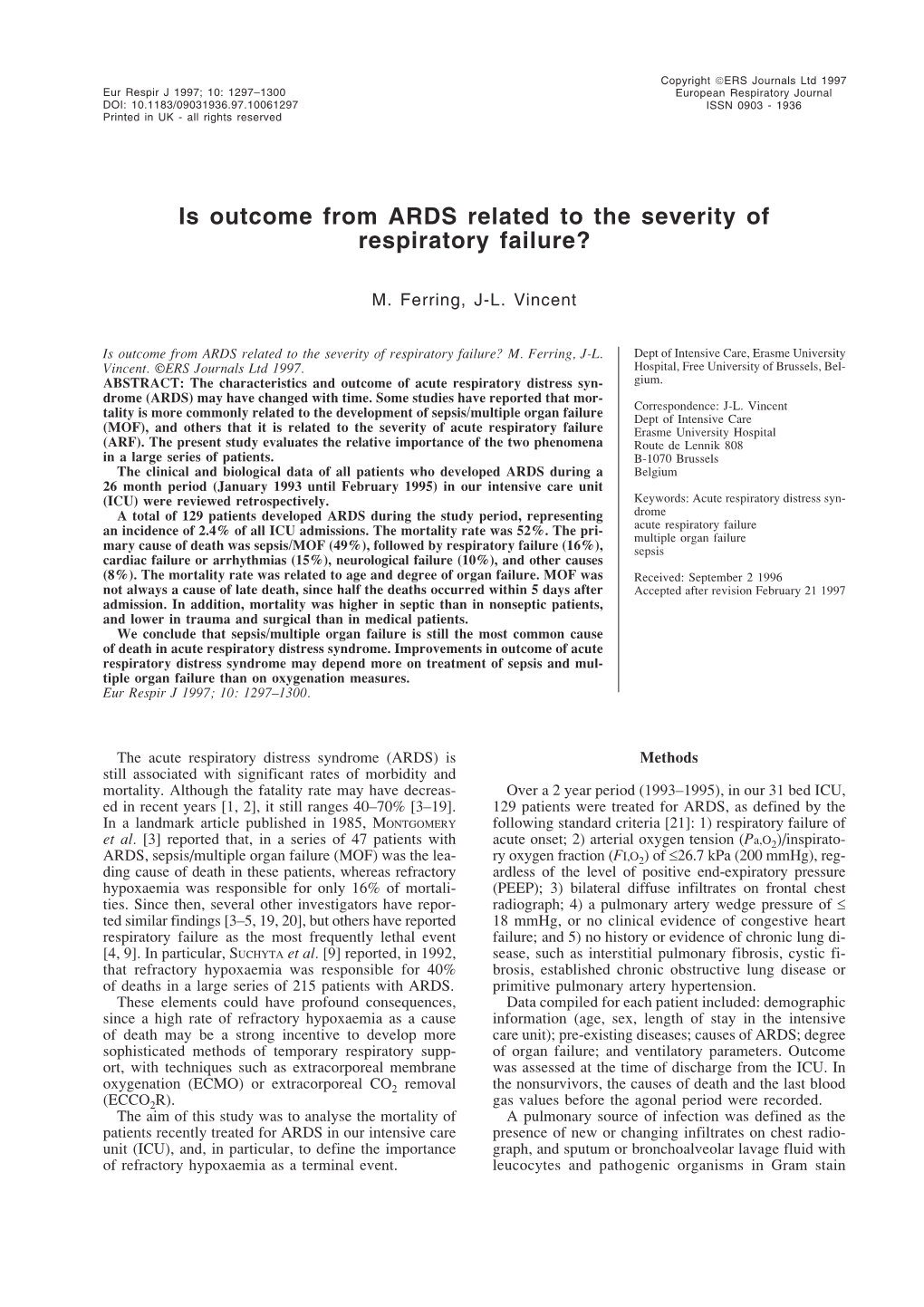 Is Outcome from ARDS Related to the Severity of Respiratory Failure?