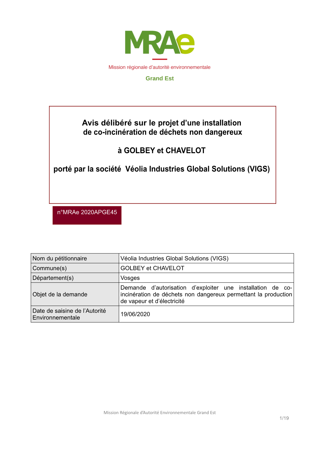 Avis Délibéré Sur Le Projet D'une Installation De Co-Incinération De