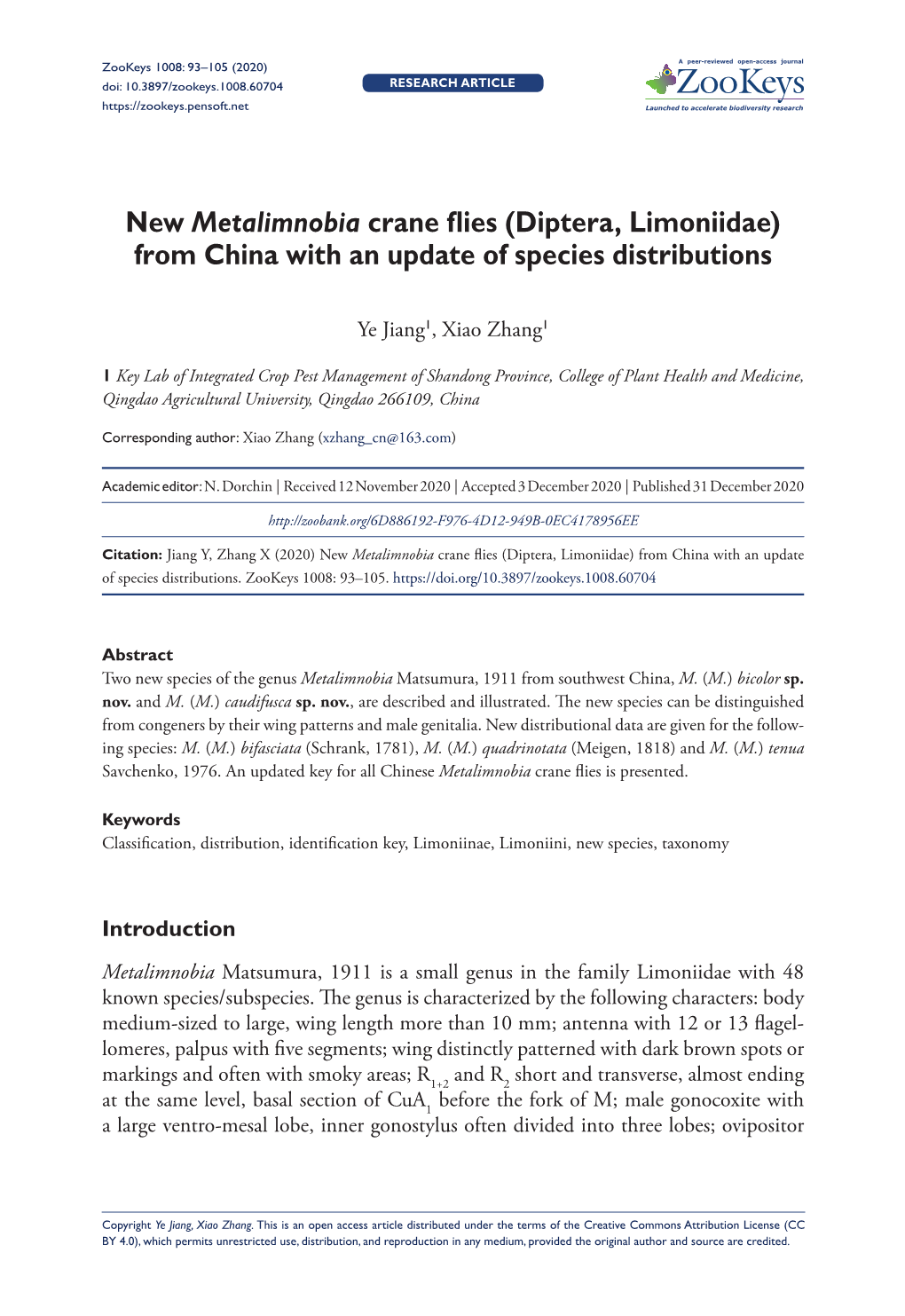 New Metalimnobia Crane Flies (Diptera, Limoniidae) from China with an Update of Species Distributions