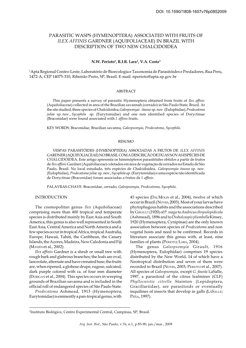 Parasitic Wasps (Hymenoptera) Associated with Fruits of Ilex Affinis Gardner (Aquifoliacea) in Brazil with Description of Two New Chalcidoidea