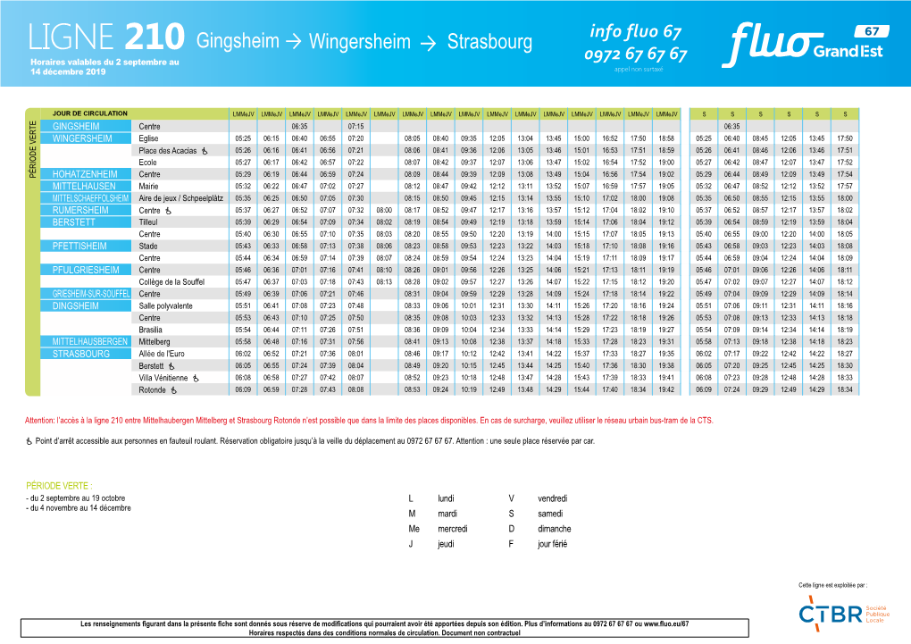 LIGNE 210 Gingsheim Wingersheim Strasbourg Horaires Valables Du 2 Septembre Au 0972 67 67 67 14 Décembre 2019 Appel Non Surtaxé