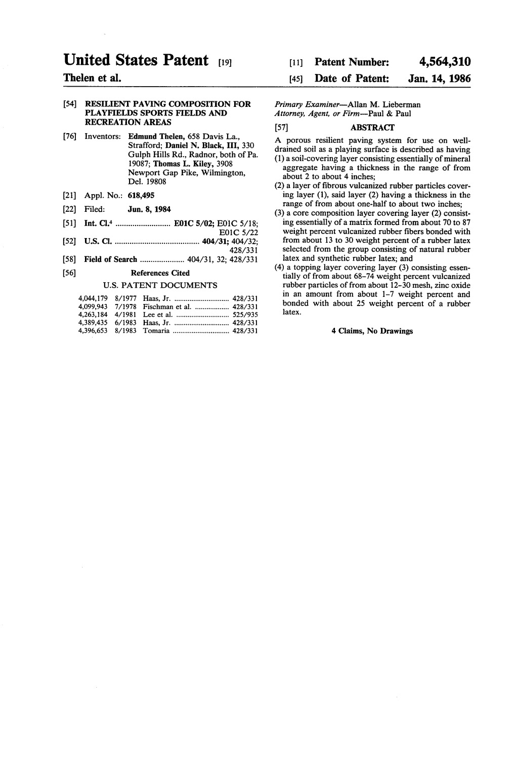 United States Patent (19) 11) Patent Number: 4,564,310 Thelen Et Al