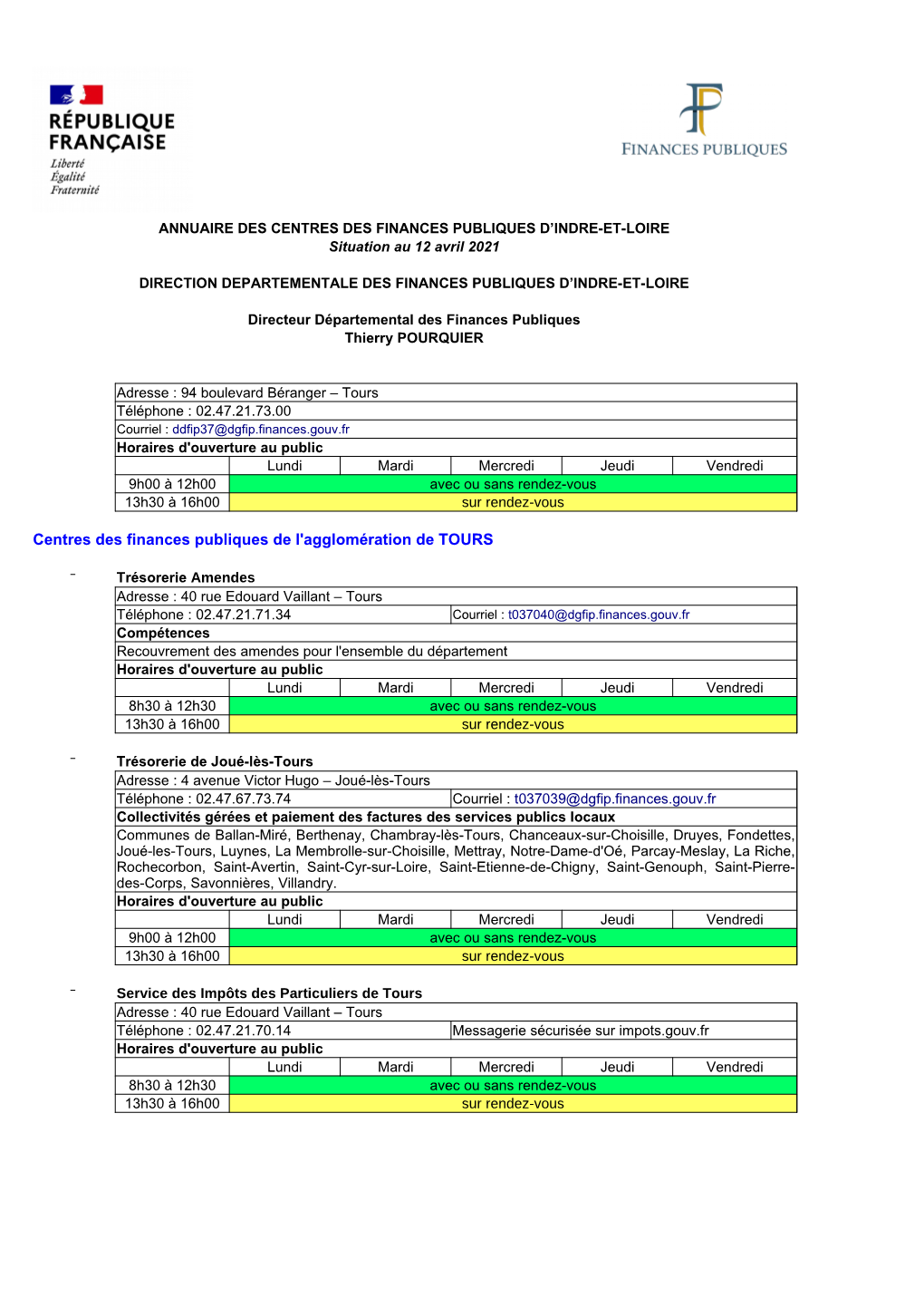 Centres Des Finances Publiques De L'agglomération De TOURS