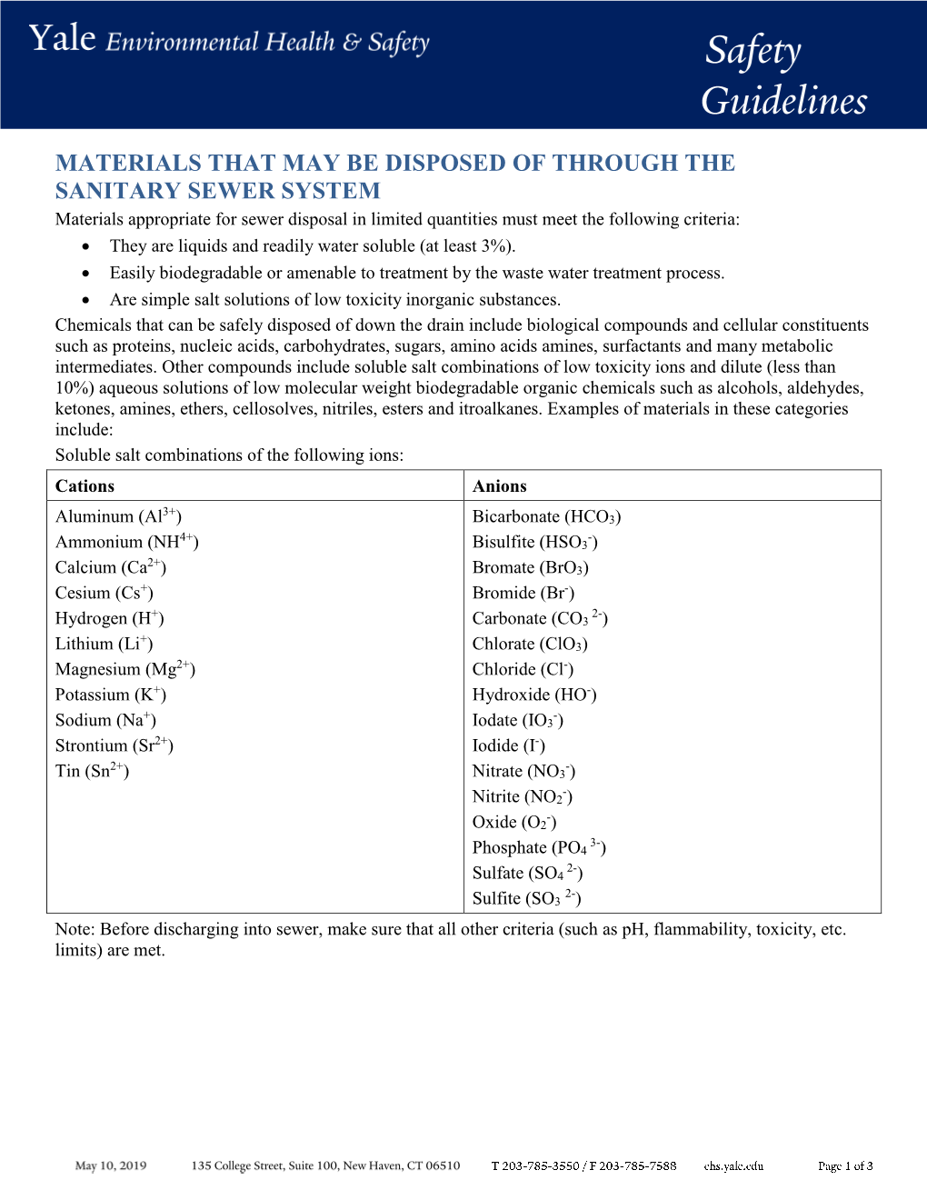 Materials That May Be Disposed of Through the Sanitary Sewer System