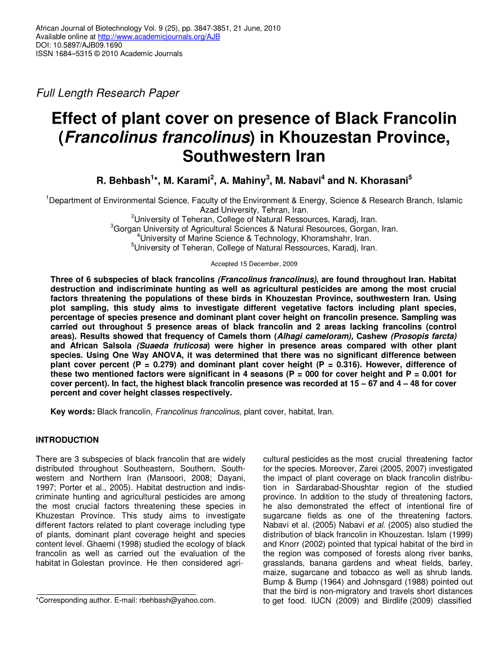Effect of Plant Cover on Presence of Black Francolin (Francolinus Francolinus ) in Khouzestan Province, Southwestern Iran