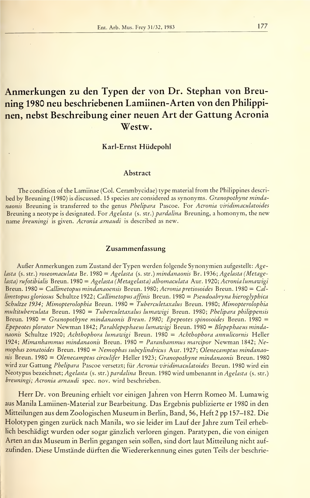 Anmerkungen Zu Den Typen Der Von Dr. Stephan Von Breuning 1980 Neu Beschriebenen Lamiinen-Arten Von Den Philippinen