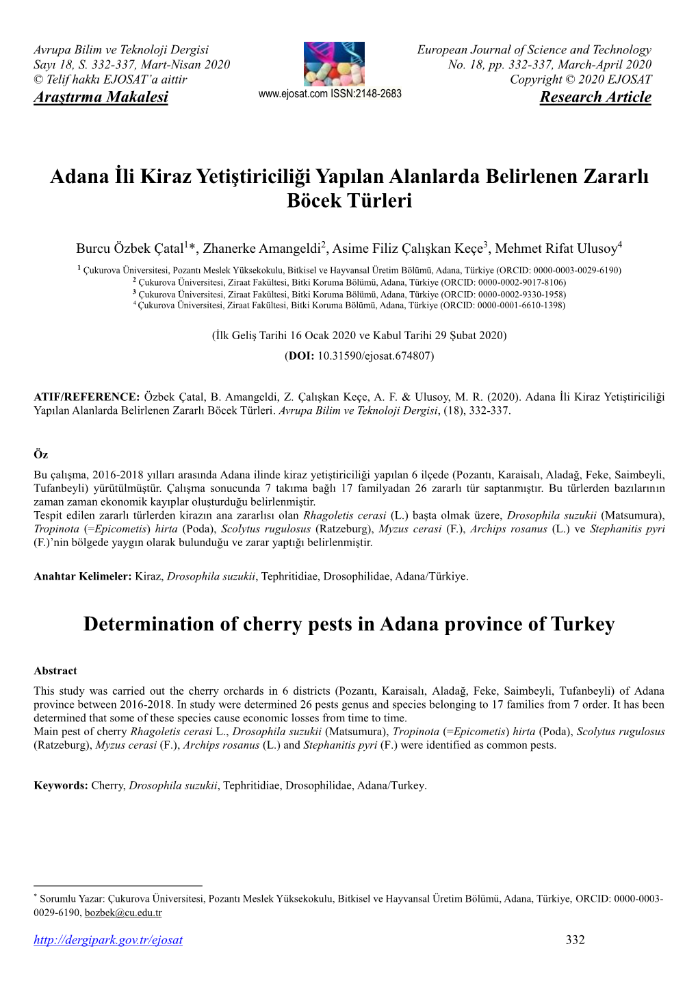 Adana İli Kiraz Yetiştiriciliği Yapılan Alanlarda Belirlenen Zararlı Böcek Türleri