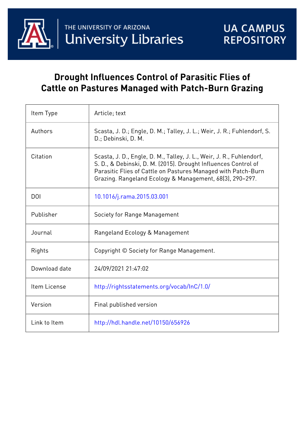 Drought Influences Control of Parasitic Flies of Cattle on Pastures Managed with Patch-Burn Grazing