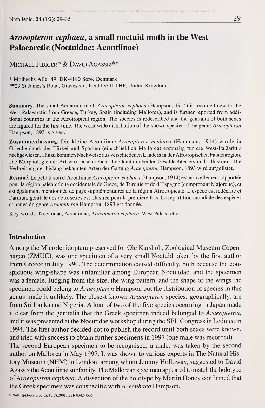 Nota Lepidopterologica, 10.08.2001, ISSN 0342-7536 ©Societas Europaea Lepidopterologica; Download Unter Und
