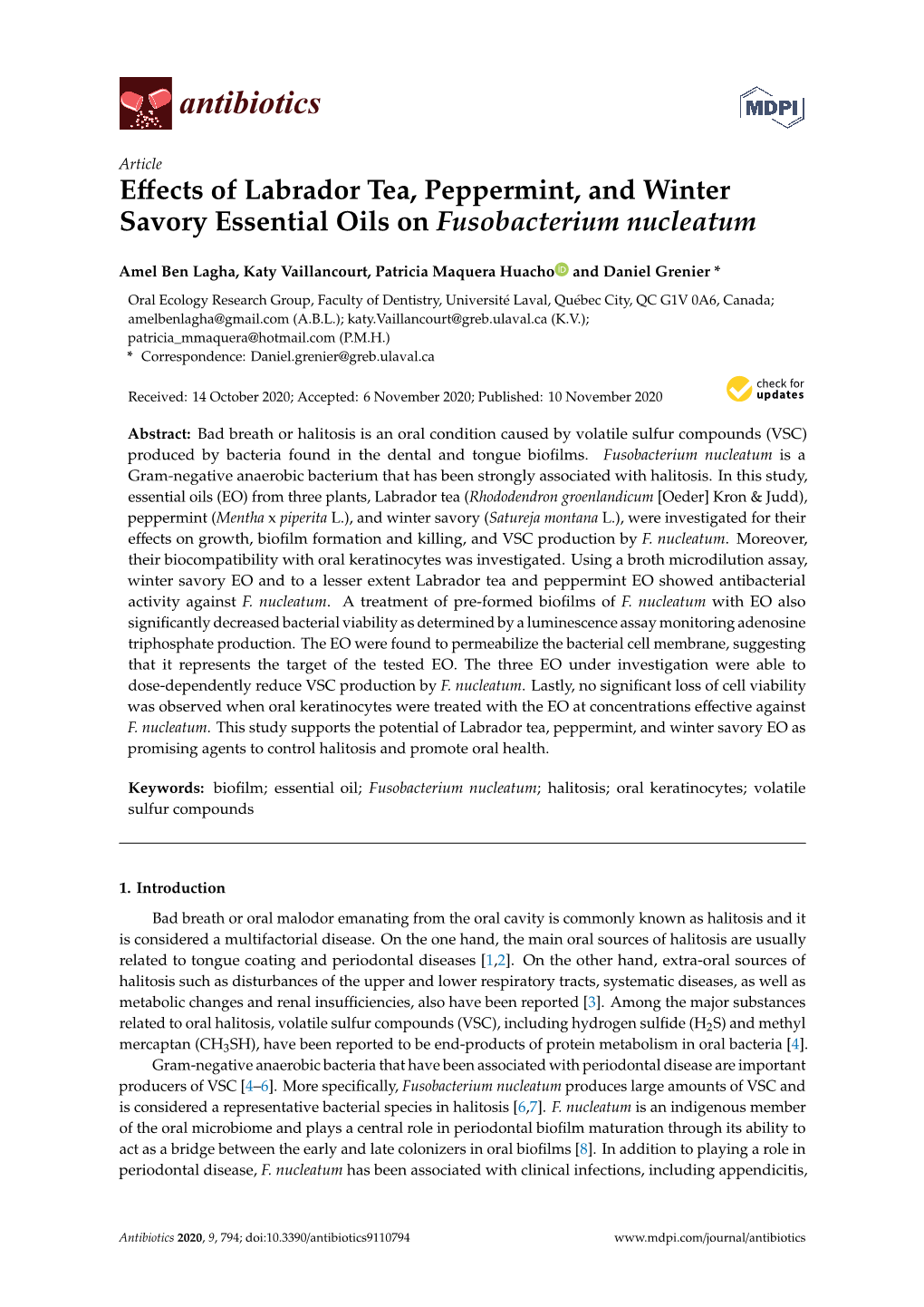 Effects of Labrador Tea, Peppermint, and Winter Savory Essential Oils On