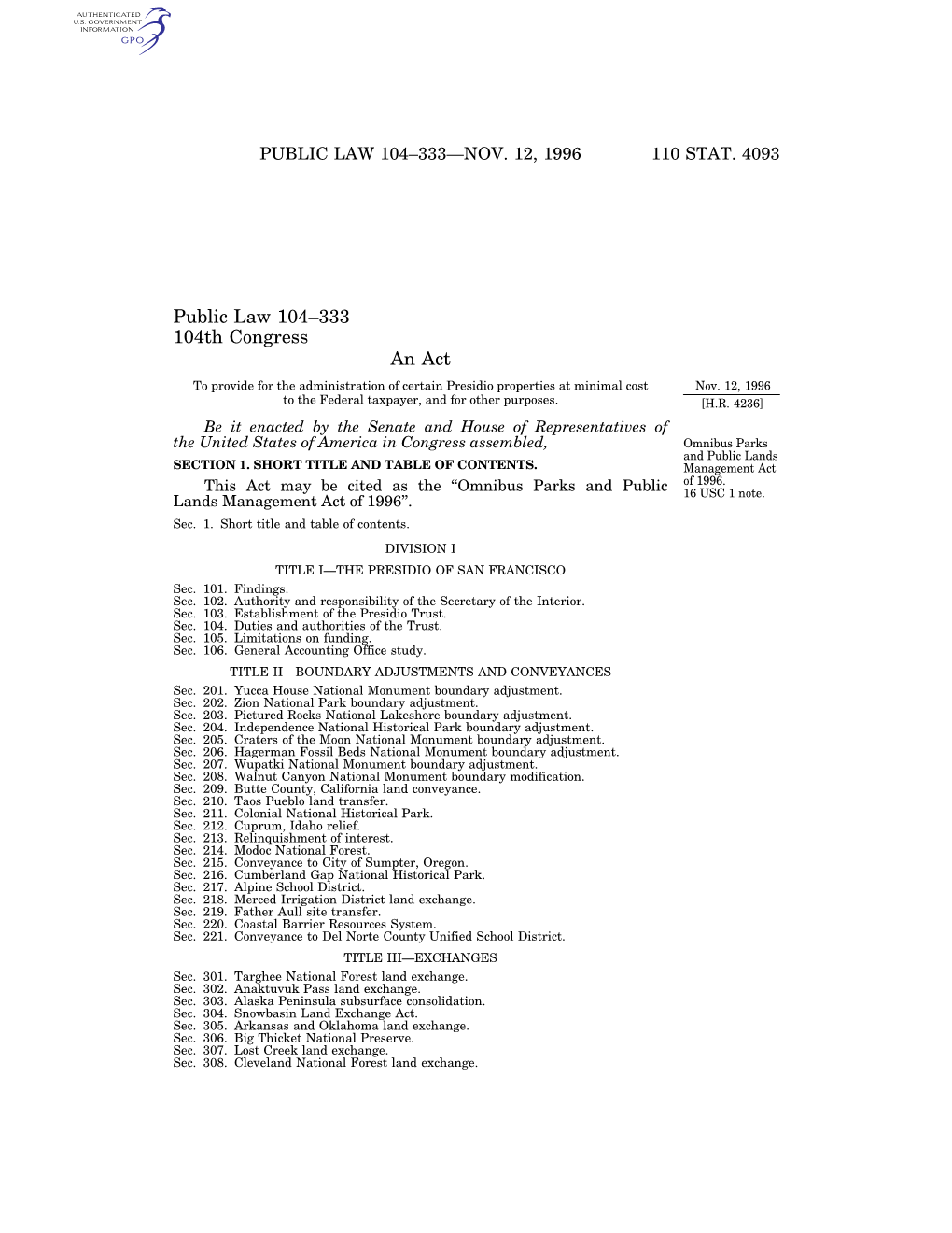 Public Law 104–333—Nov