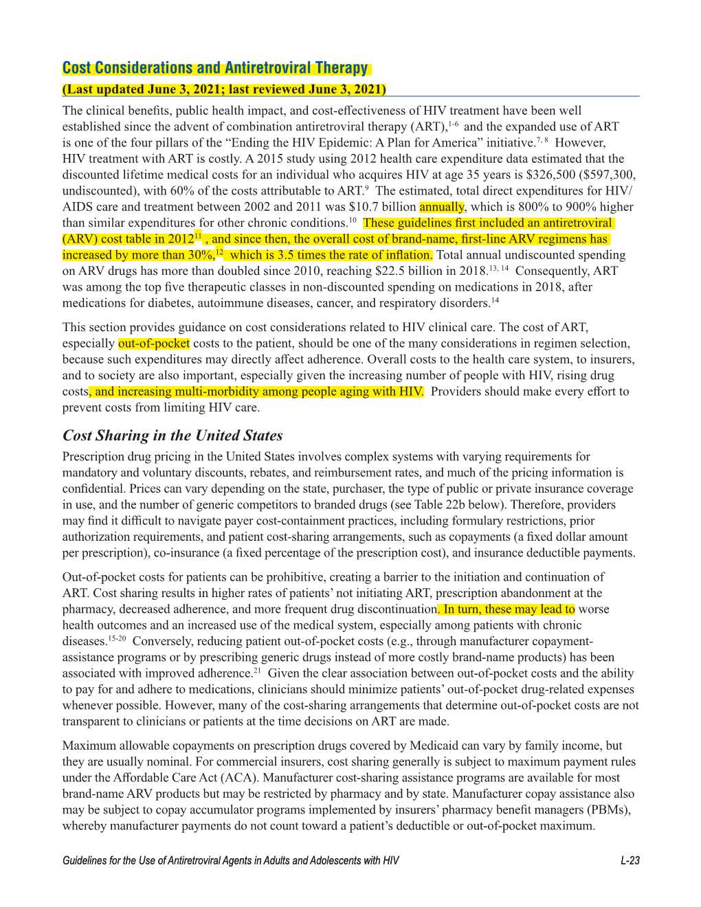 Cost Considerations and Antiretroviral Therapy Cost Sharing in the United