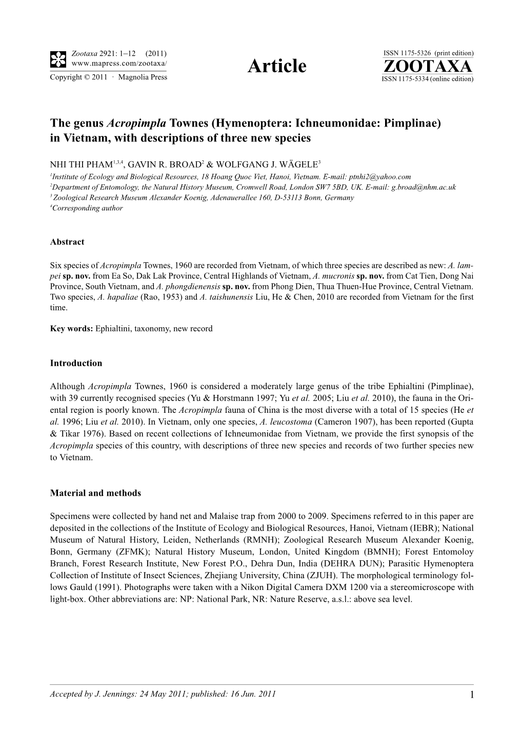 The Genus Acropimpla Townes (Hymenoptera: Ichneumonidae: Pimplinae) in Vietnam, with Descriptions of Three New Species