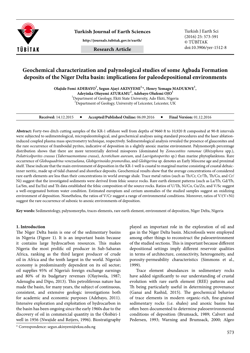 Geochemical Characterization and Palynological Studies of Some Agbada Formation Deposits of the Niger Delta Basin: Implications for Paleodepositional Environments