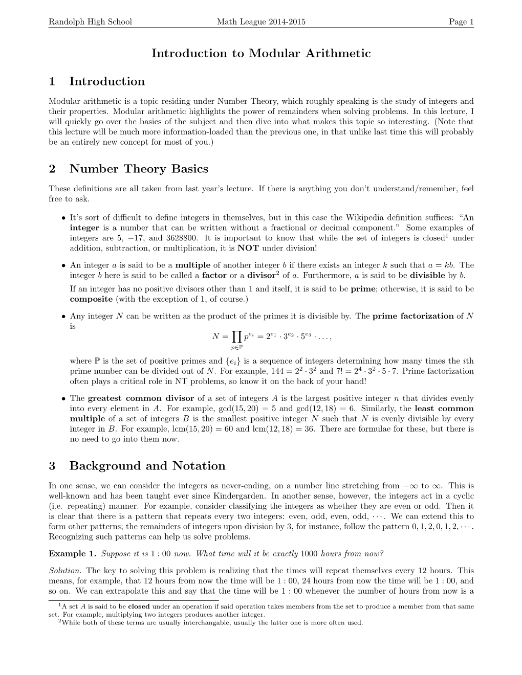 Introduction to Modular Arithmetic 1 Introduction 2 Number Theory