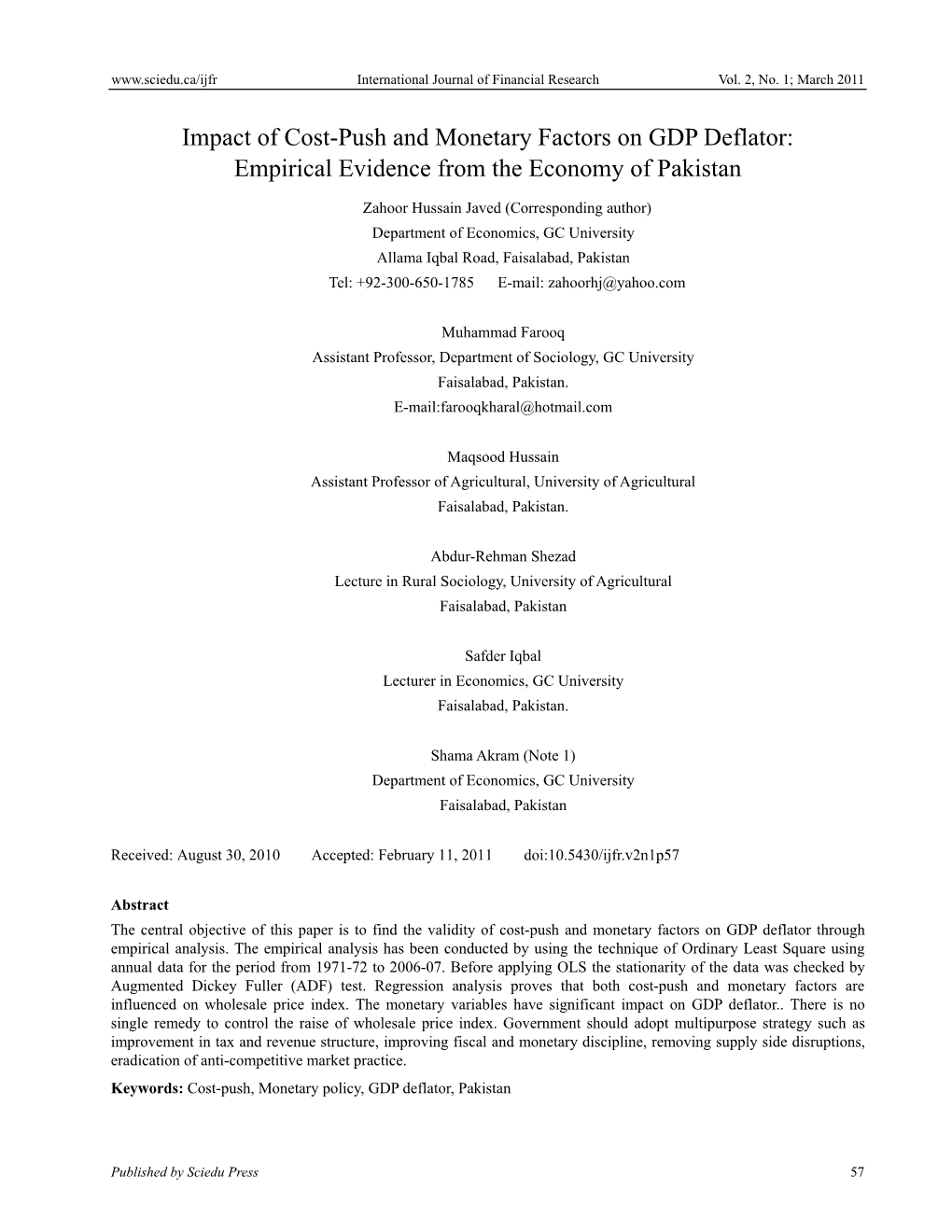 Impact of Cost-Push and Monetary Factors on GDP Deflator: Empirical Evidence from the Economy of Pakistan
