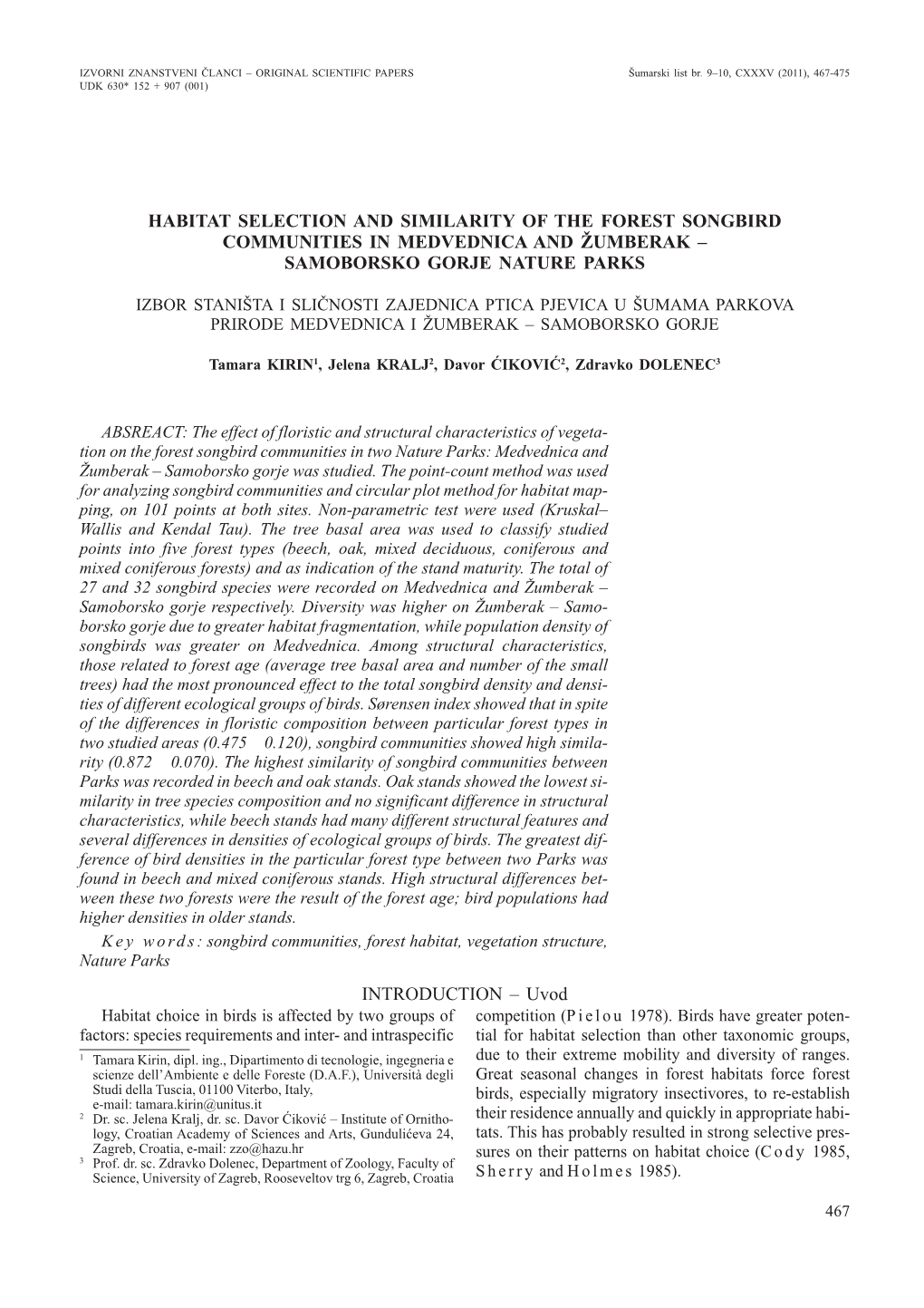 Habitat Selection and Similarity of the Forest Songbird Communities in Medvednica and Žumberak – Samoborsko Gorje Nature Parks