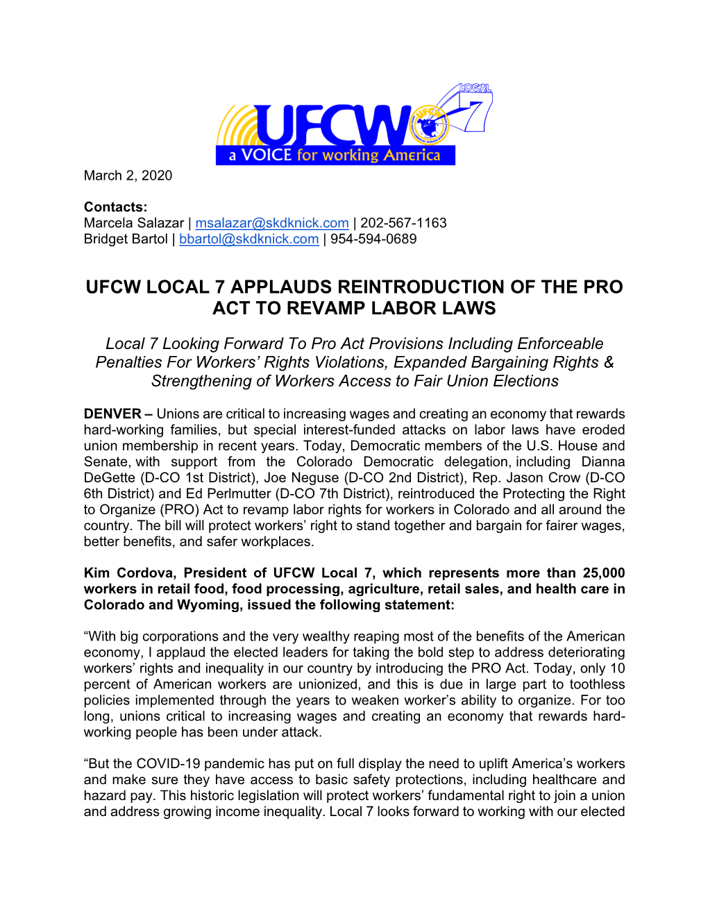 For Immediate Release – UFCW LOCAL 7 APPLAUDS