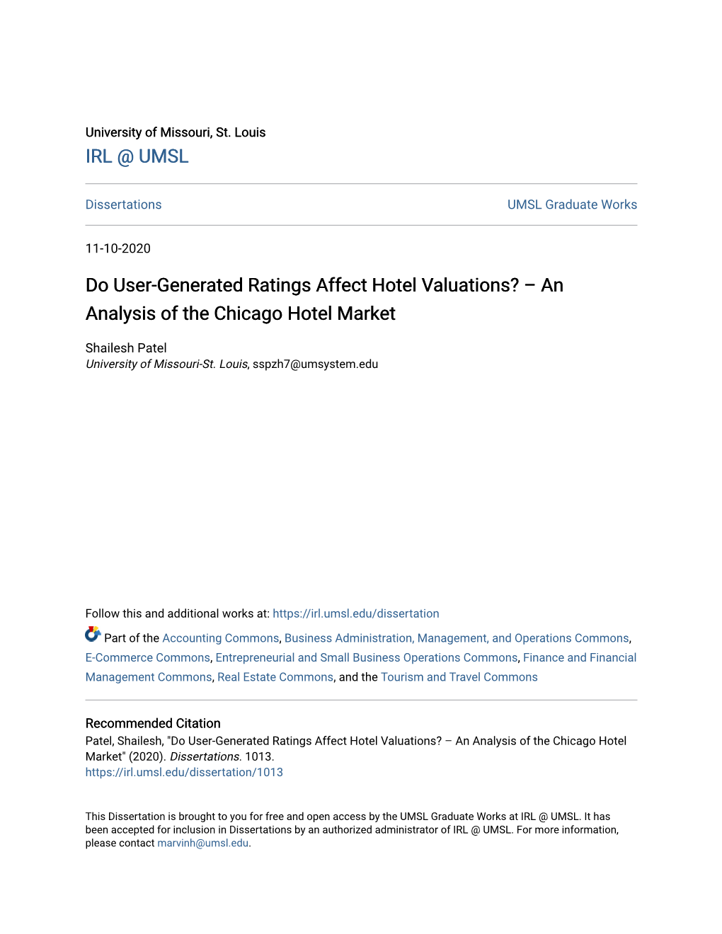 Do User-Generated Ratings Affect Hotel Valuations? – an Analysis of the Chicago Hotel Market