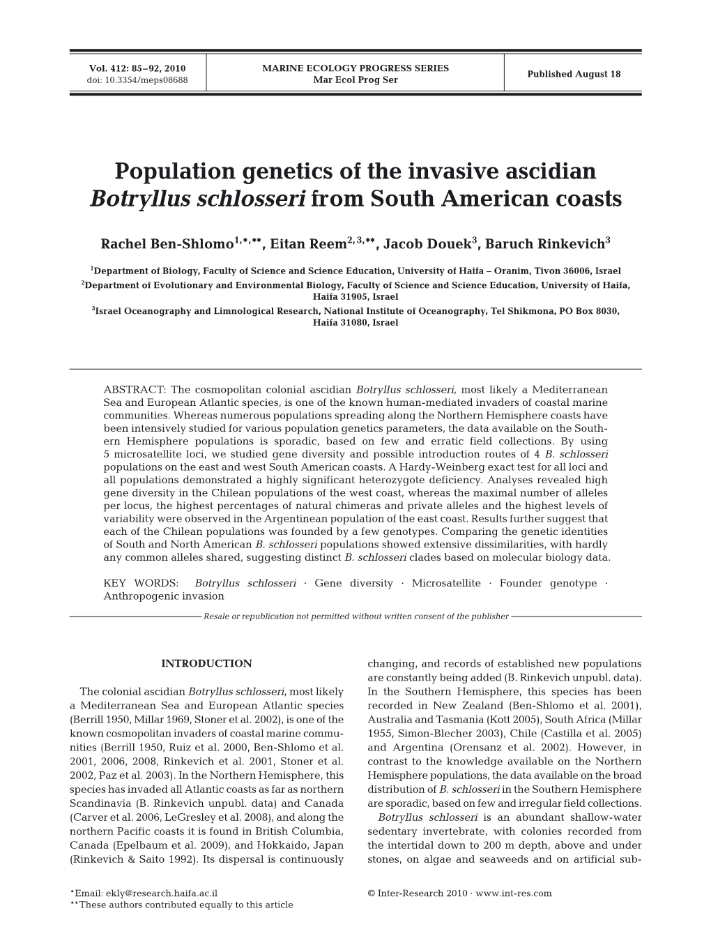 Population Genetics of the Invasive Ascidian Botryllus Schlosseri from South American Coasts