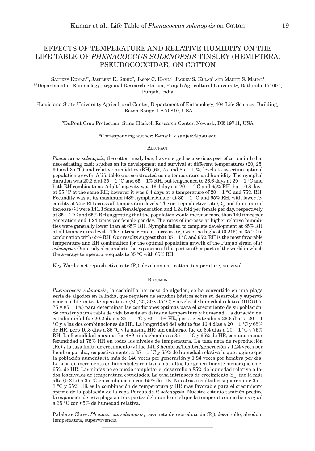 Effects of Temperature and Relative Humidity on the Life Table of Phenacoccus Solenopsis Tinsley (Hemiptera: Pseudococcidae) on Cotton