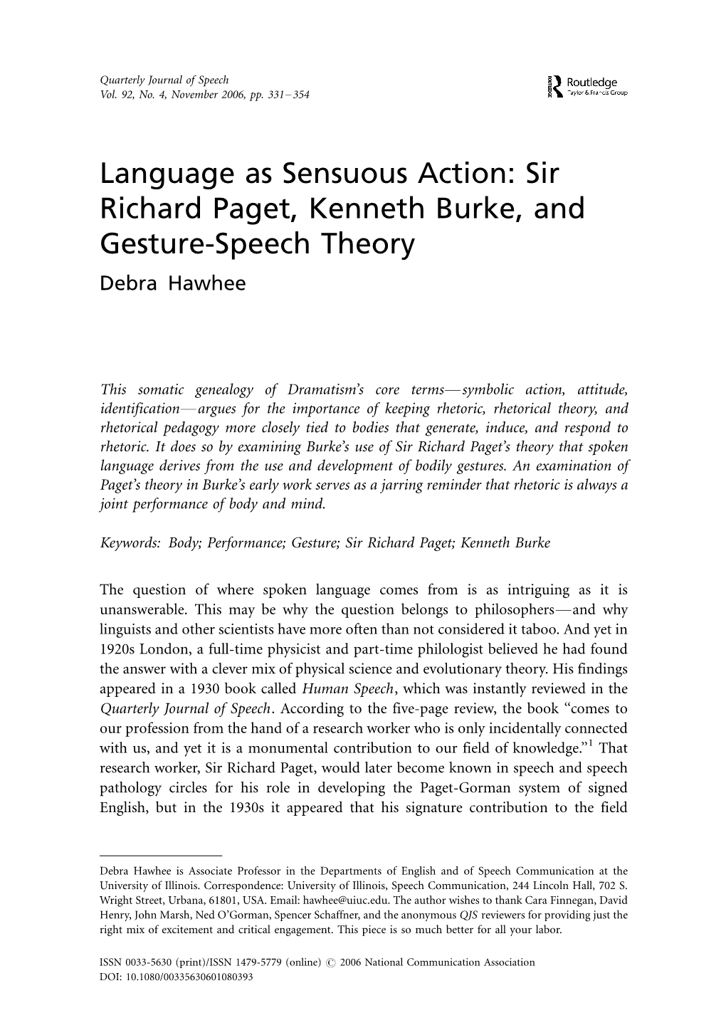 Sir Richard Paget, Kenneth Burke, and Gesture-Speech Theory Debra Hawhee