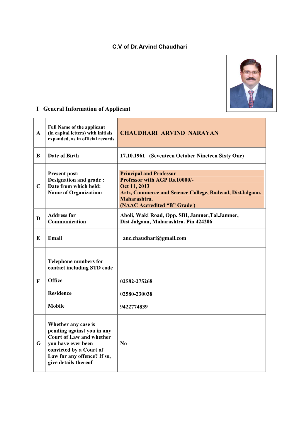 I General Information of Applicant CHAUDHARI ARVIND NARAYAN