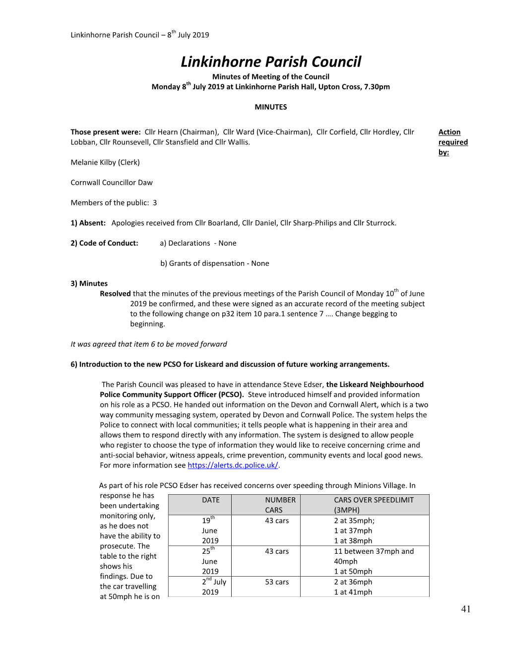 Minutes of Meeting of the Council Monday 8Th July 2019 at Linkinhorne Parish Hall, Upton Cross, 7.30Pm