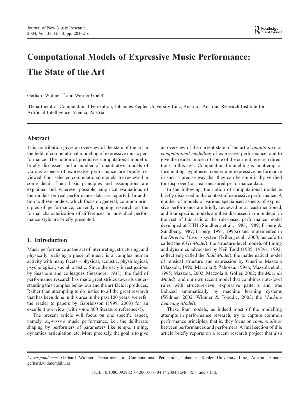 Computational Models of Expressive Music Performance: the State of the Art