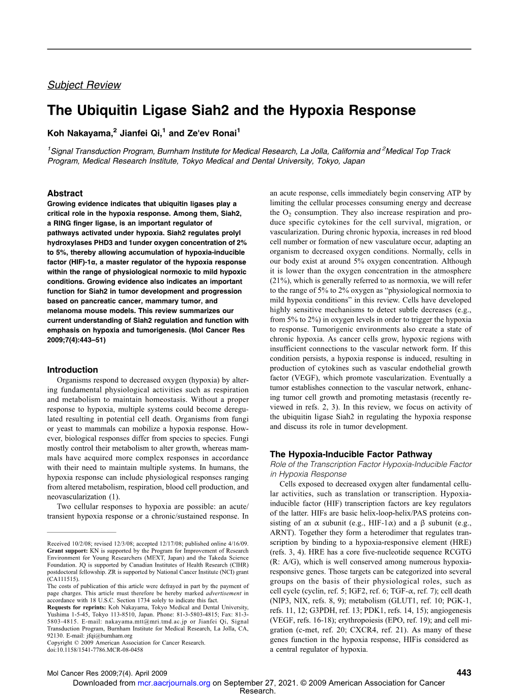 The Ubiquitin Ligase Siah2 and the Hypoxia Response