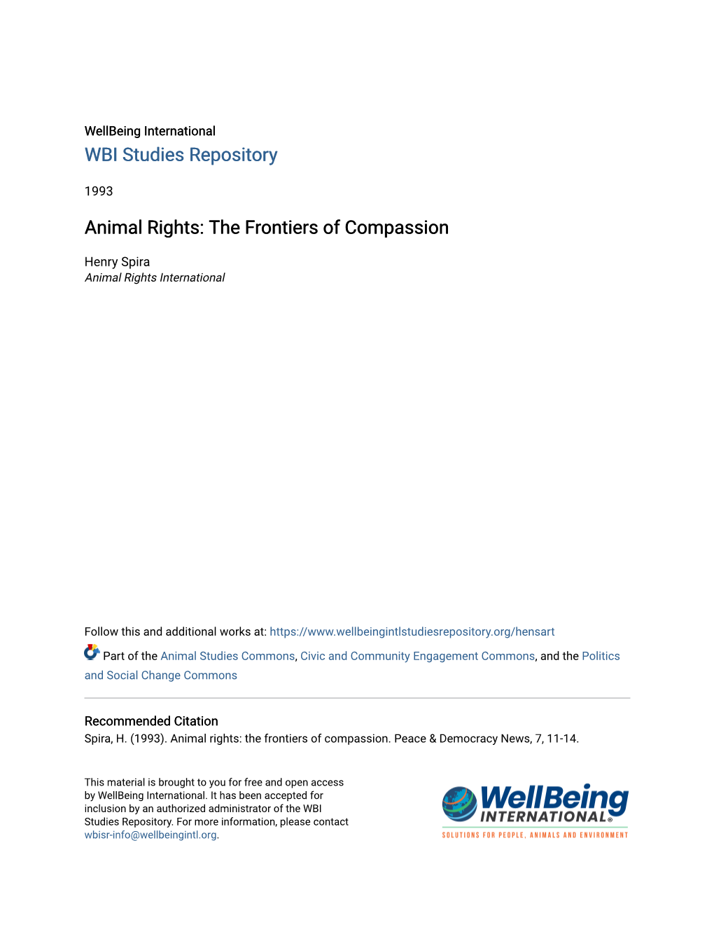 Animal Rights: the Frontiers of Compassion