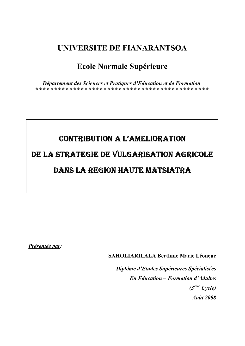 UNIVERSITE DE FIANARANTSOA Ecole Normale Supérieure CONTRIBUTION a L'ame CONTRIBUTION a L'amelioration LIORATION LIORATION