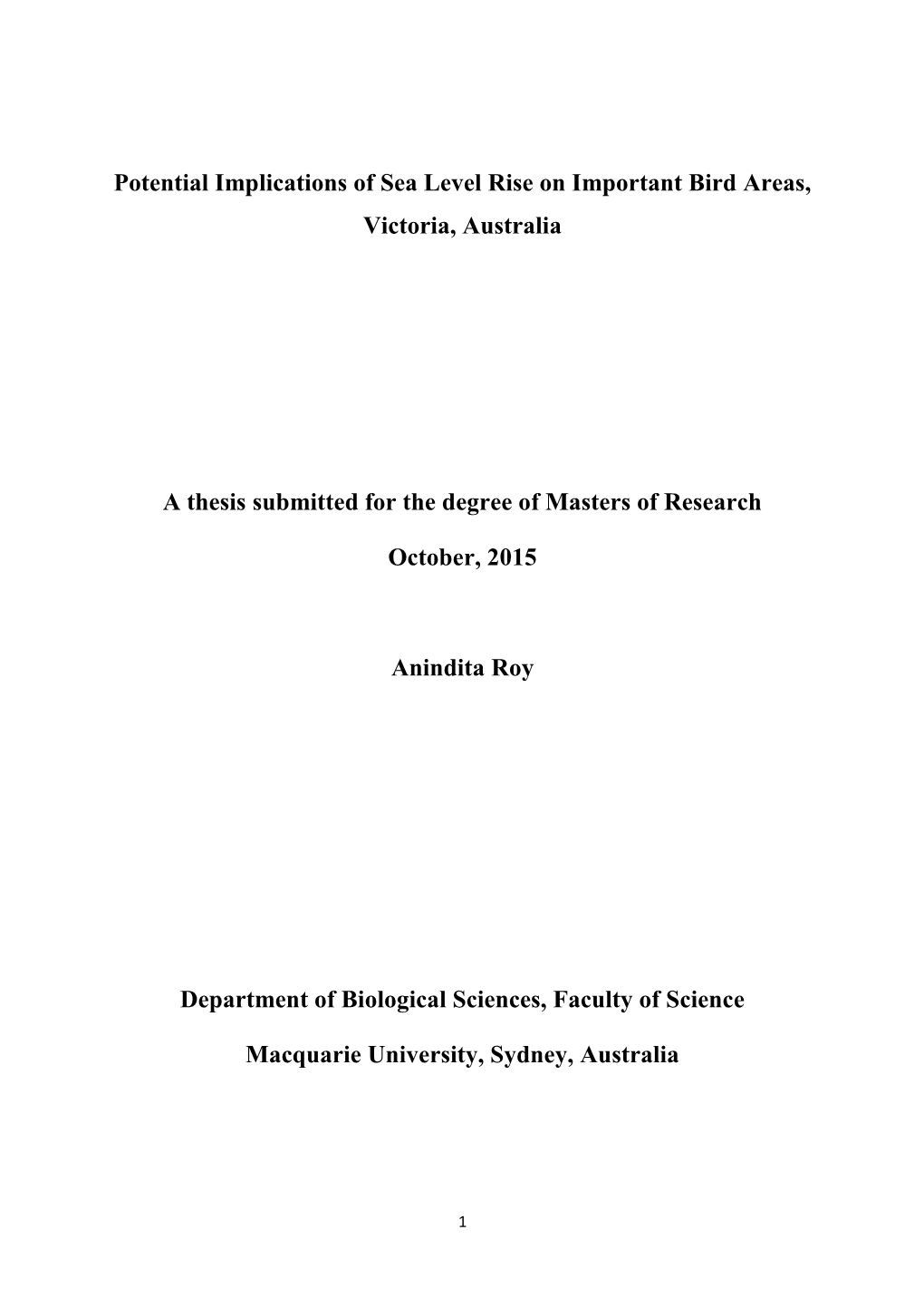 Potential Implications of Sea Level Rise on Important Bird Areas, Victoria, Australia