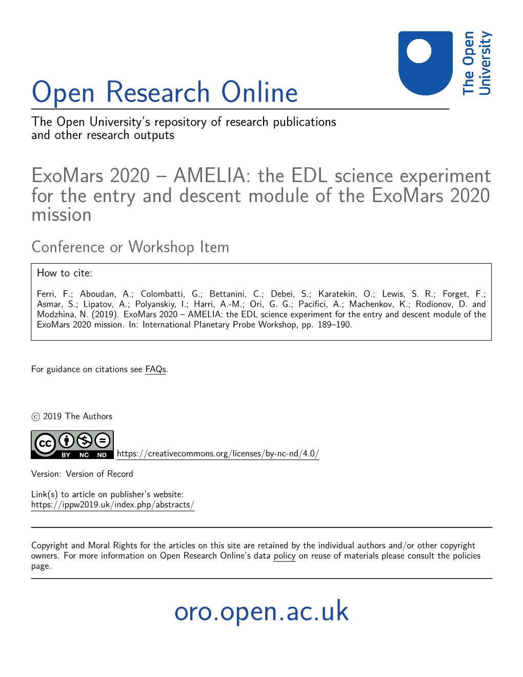 Exomars 2020 – AMELIA: the EDL Science Experiment for the Entry and Descent Module of the Exomars 2020 Mission Conference Or Workshop Item