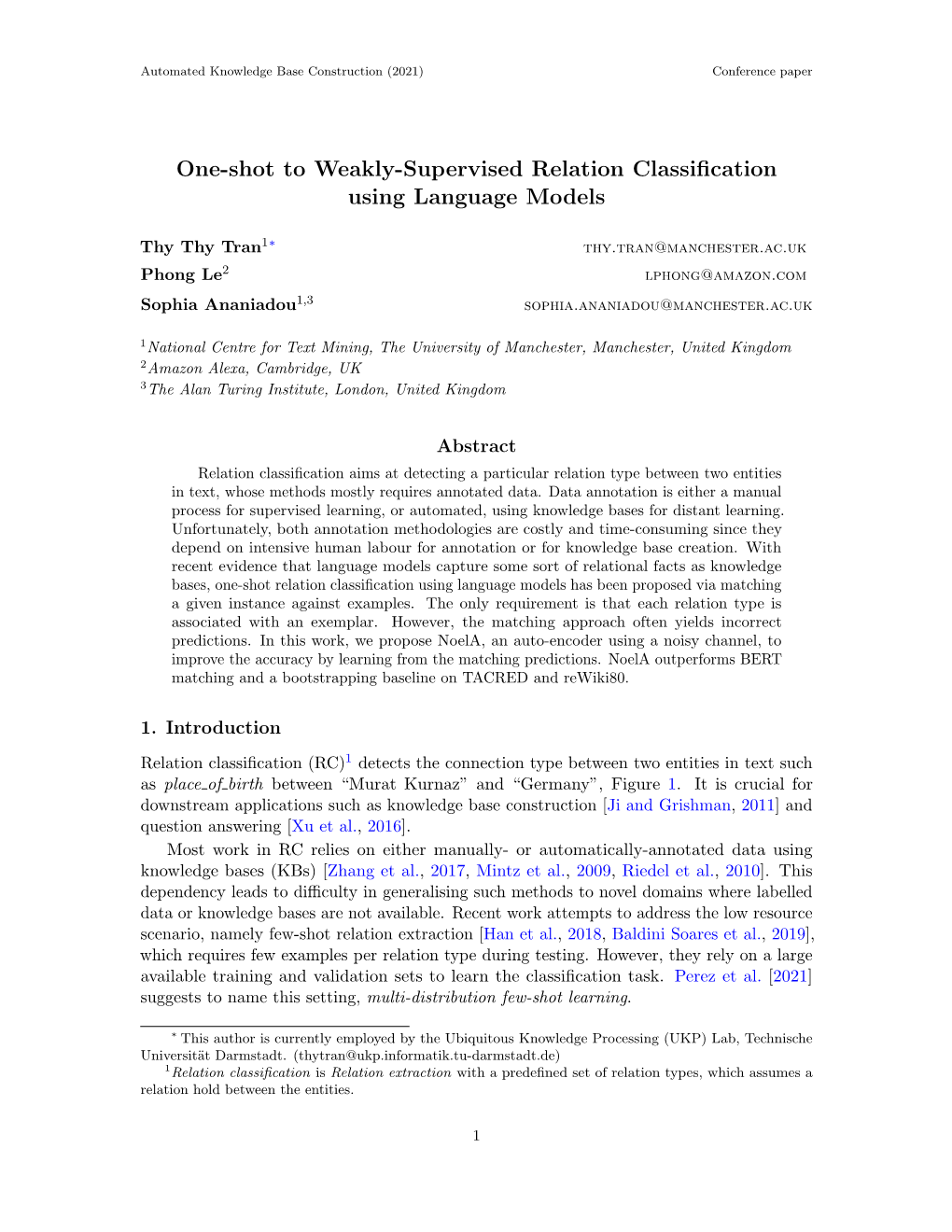 One-Shot to Weakly-Supervised Relation Classification Using Language Models
