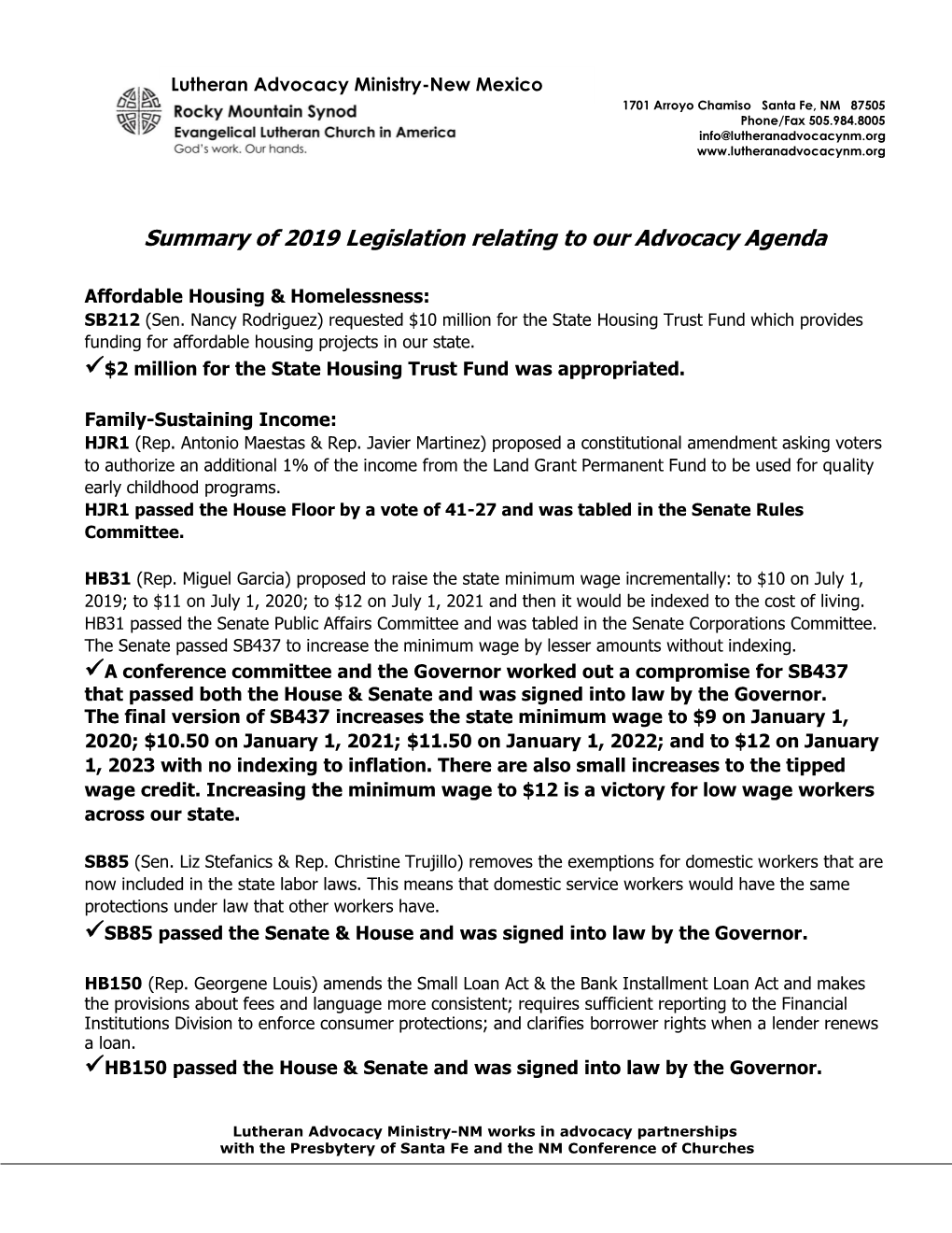 Summary of 2019 Legislation Relating to Our Advocacy Agenda