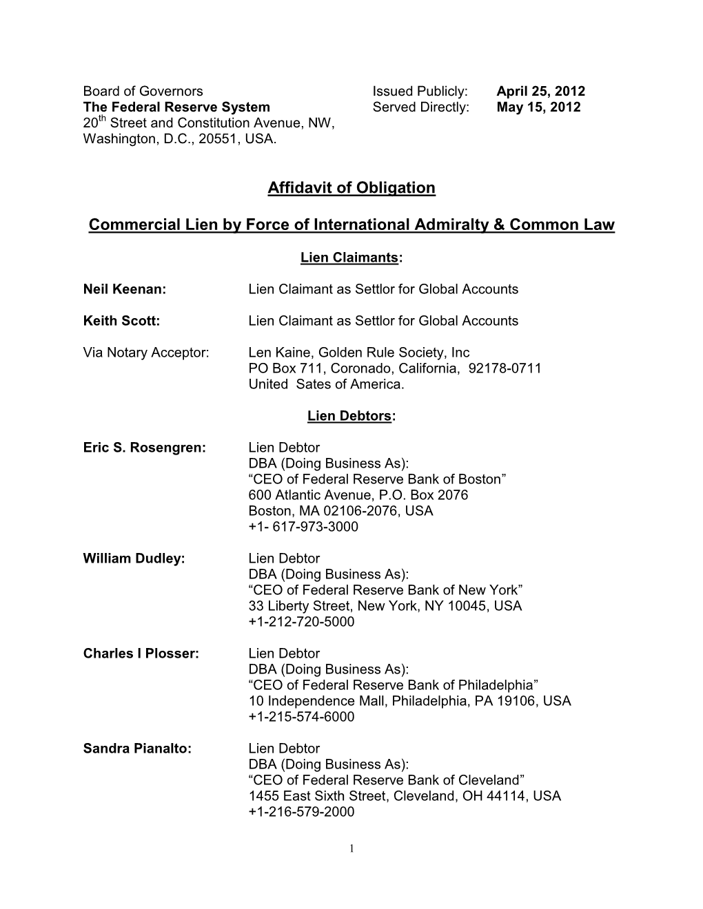 Affidavit of Obligation Commercial Lien by Force of International