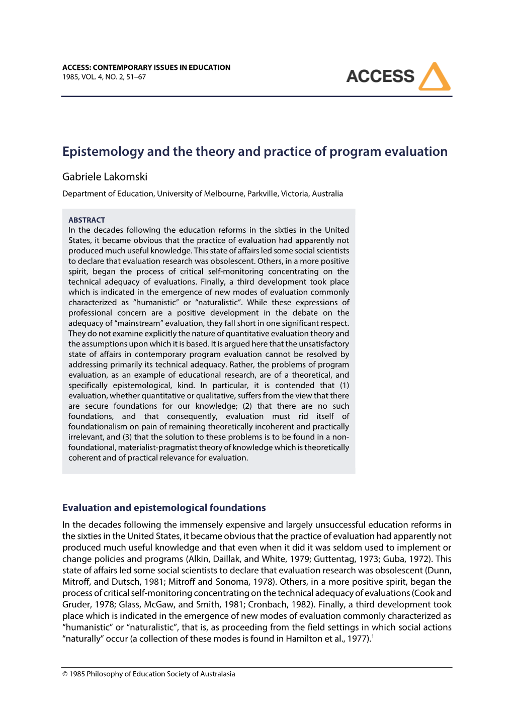 Epistemology and the Theory and Practice of Program Evaluation