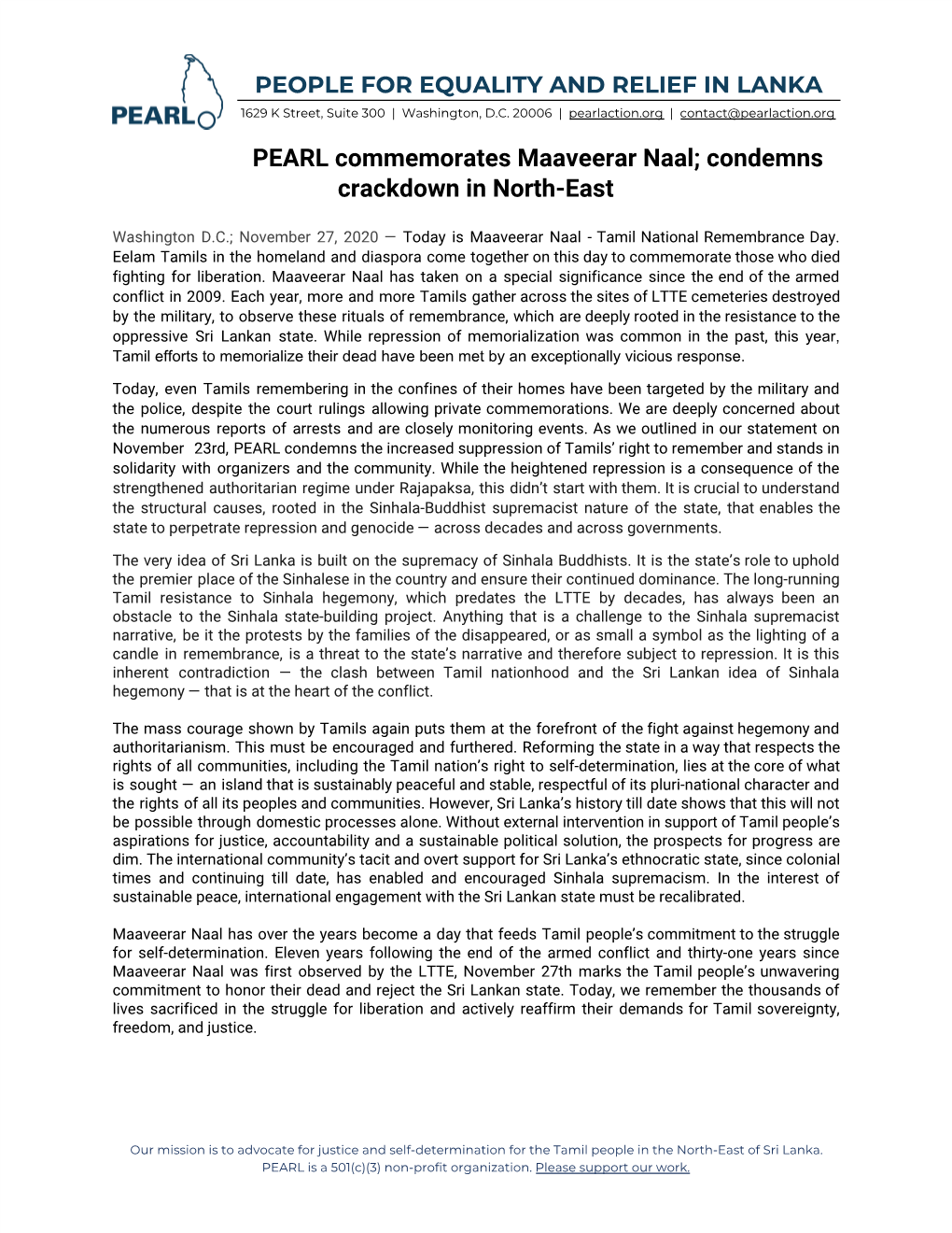 PEARL Commemorates Maaveerar Naal; Condemns Crackdown in North-East