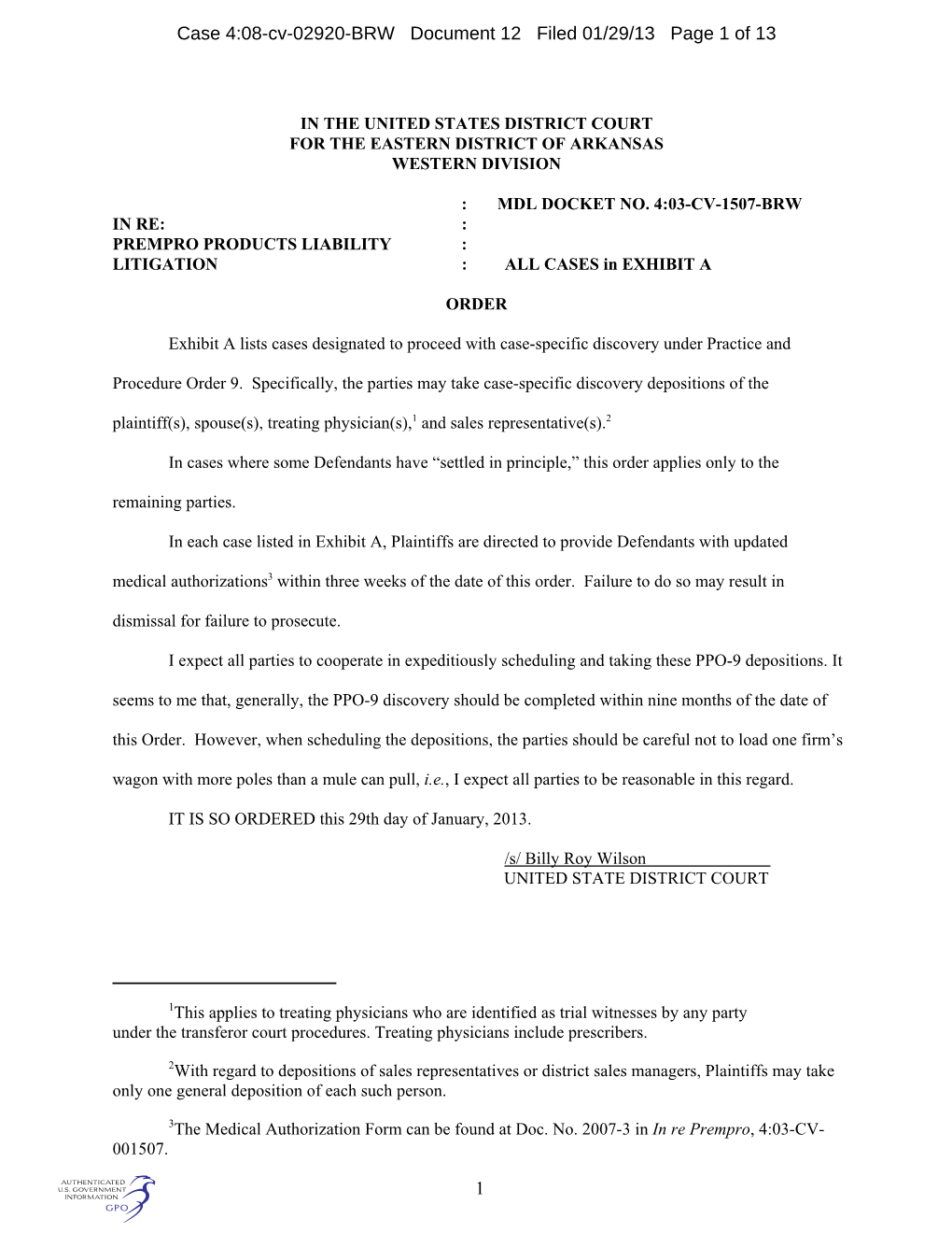 1 Case 4:08-Cv-02920-BRW Document 12 Filed 01/29/13 Page 1 of 13