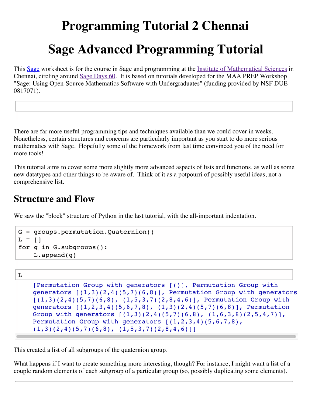 Programming Tutorial 2 Chennai -- Sage