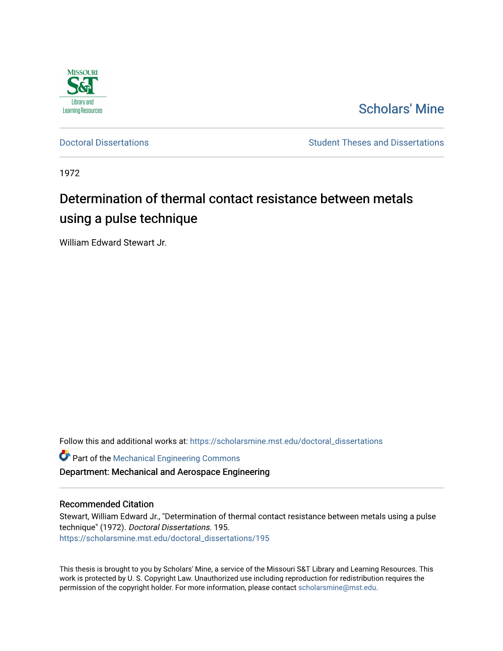 Determination of Thermal Contact Resistance Between Metals Using a Pulse Technique