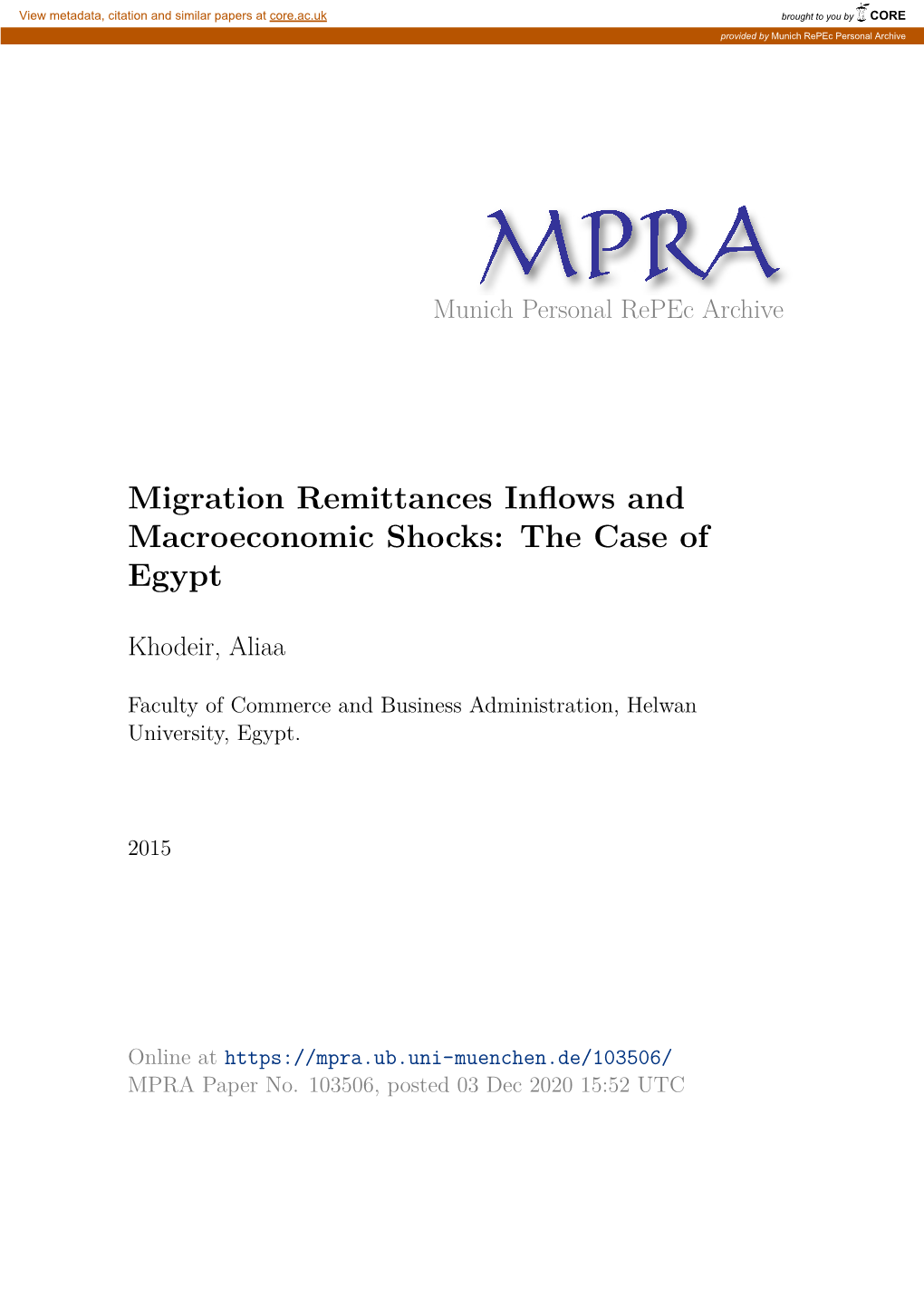 Migration Remittances Inflows and Macroeconomic Shocks