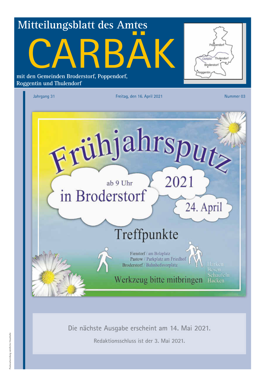 Mitteilungsblatt Des Amtes CARBÄK Mit Den Gemeinden Broderstorf, Poppendorf, Roggentin Und Thulendorf