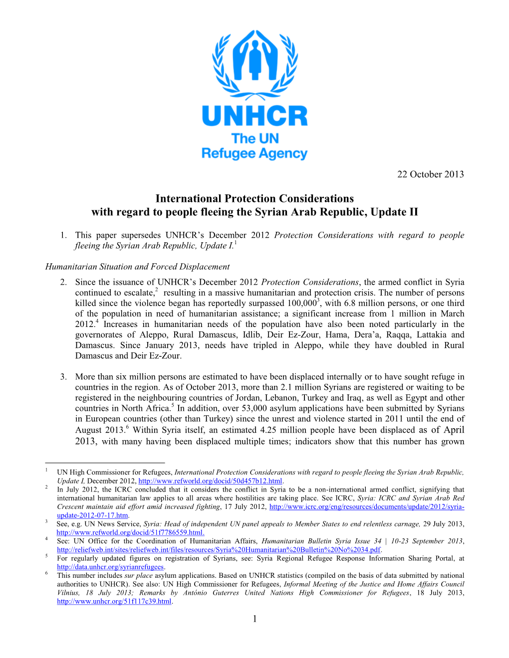 International Protection Considerations with Regard to People Fleeing the Syrian Arab Republic, Update II