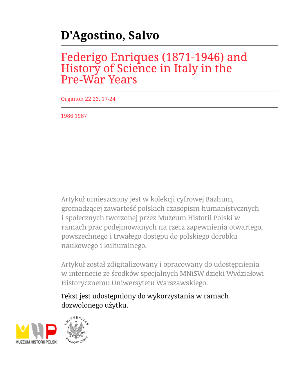 Federigo Enriques (1871—1946) and History of Science in Italy in the Pre-War Years