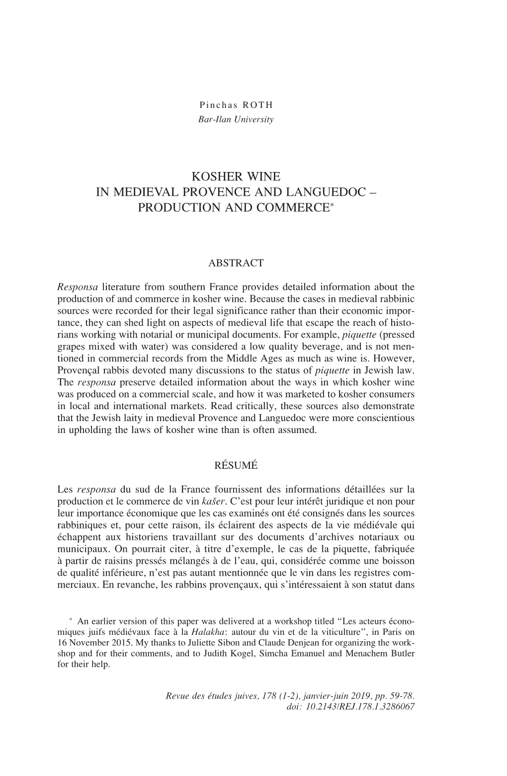Kosher Wine in Medieval Provence and Languedoc – Production and Commerce∗